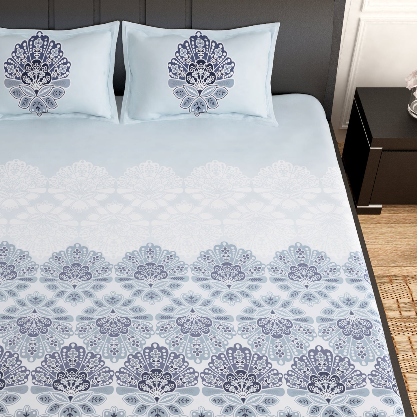 PAVO Tranquil Luxurious Grey & Blue Floral King Size Bedsheet