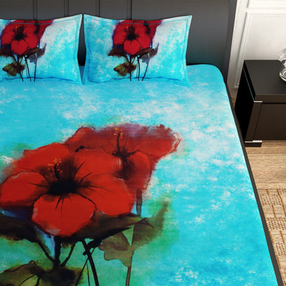 Artini Collection Hibiscus Pattern King Size Bedsheet -Blue