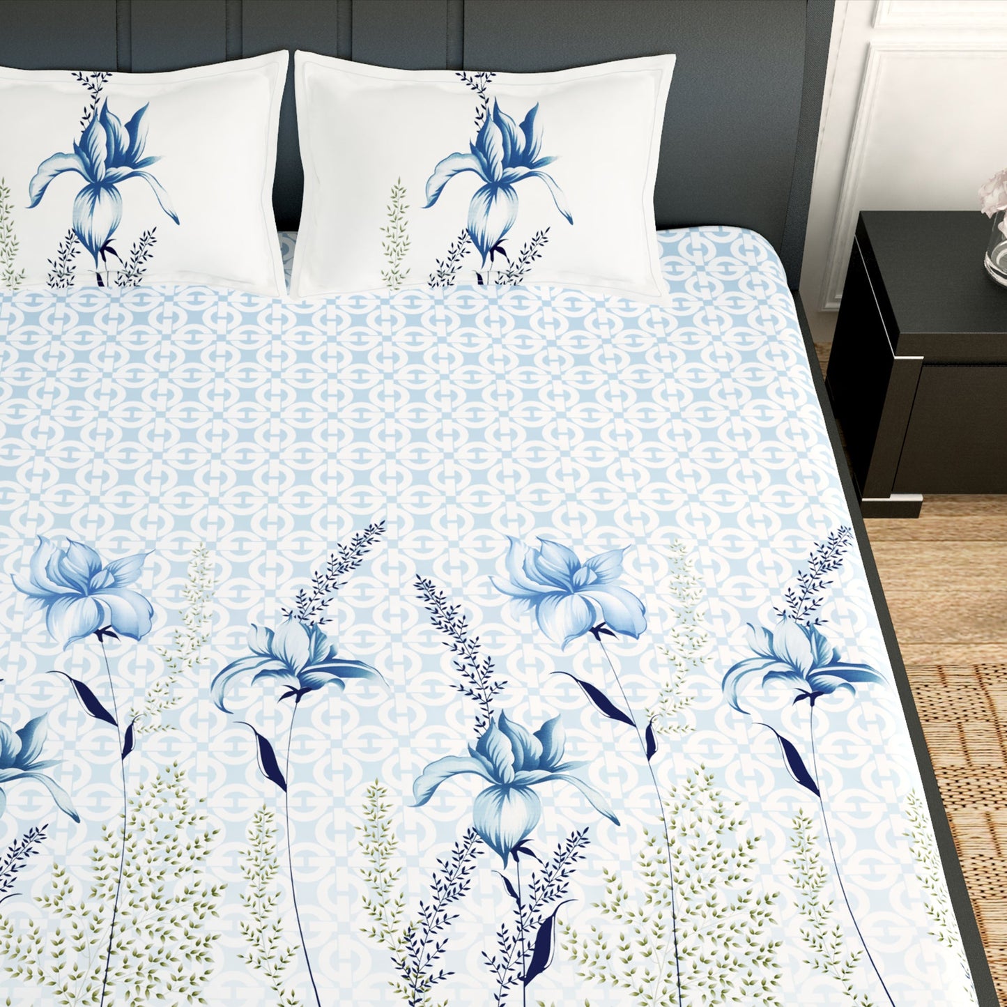 PAVO Tranquil Luxurious Blue & White Floral King Size Bedsheet