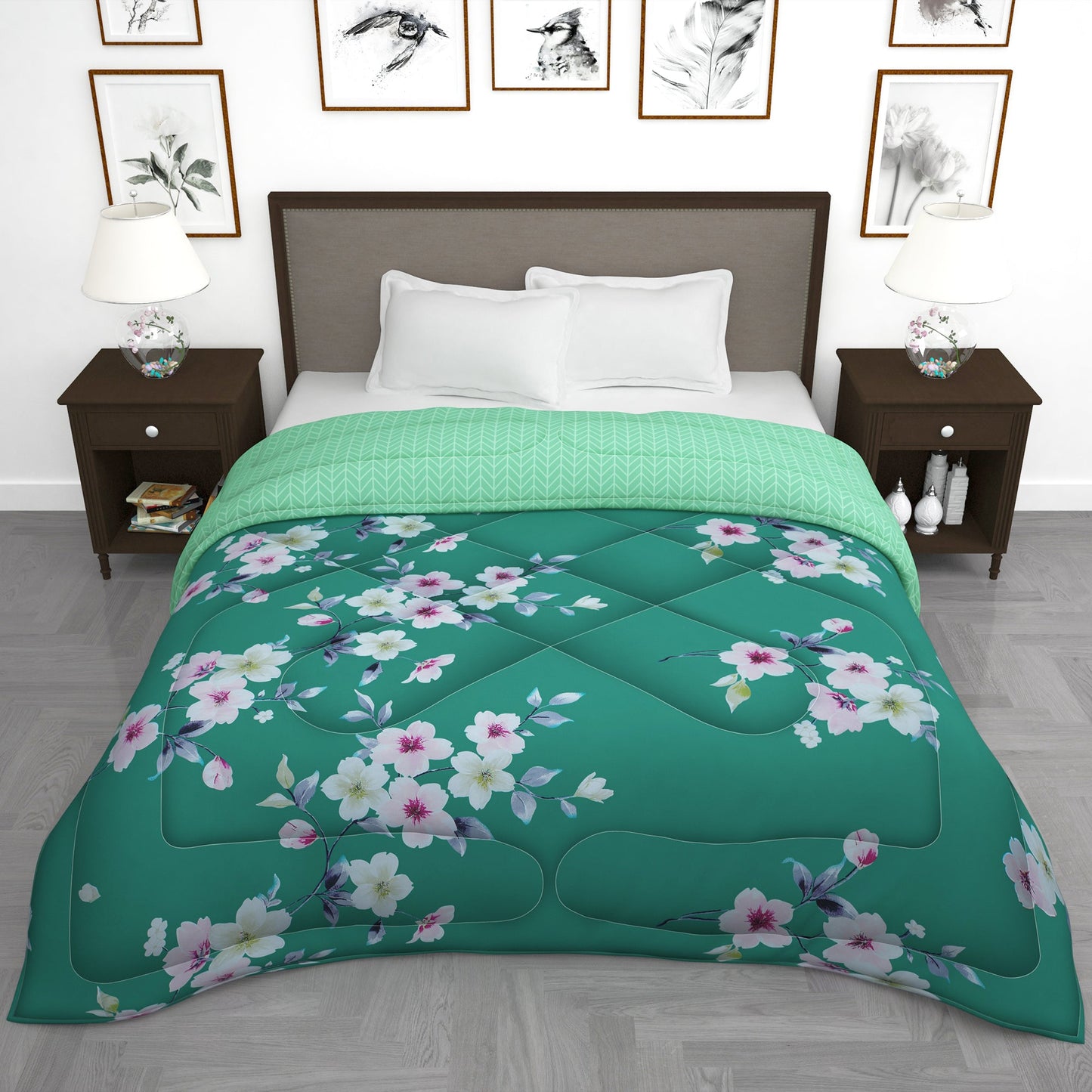 180 GSM Green Floral Microfiber Fusion Reversible Double Comforter