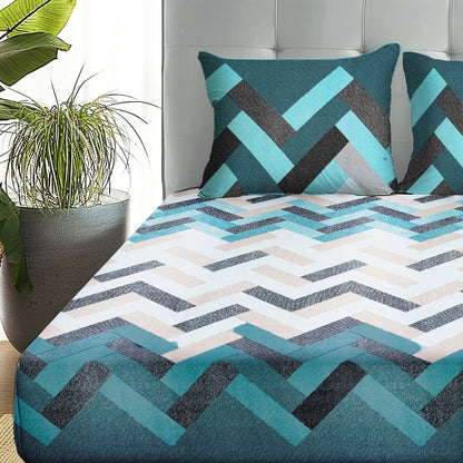 Boho Styled 240 TC Cyan Blue & White Geometric Double Size Bedsheet With 2 Pillow Covers