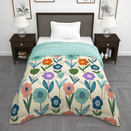 180 GSM Cream Floral Microfiber Fusion Reversible Single Comforter