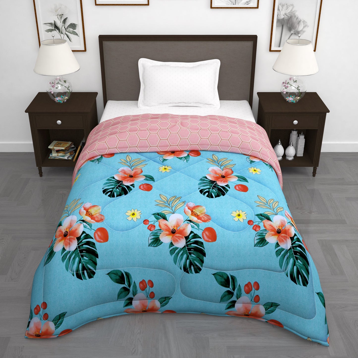 180 GSM Sky Blue Floral Microfiber Fusion Reversible Single Comforter