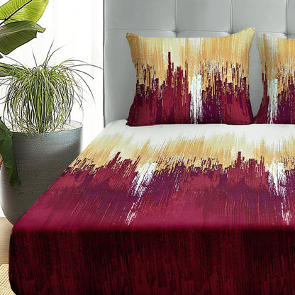 Boho Styled 240 TC Maroon & Yellow Abstract Double Size Bedsheet With 2 Pillow Covers