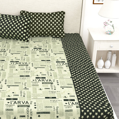 210 TC White Newspaper print 1 King Size Bedsheet With 2 Pillow Covers