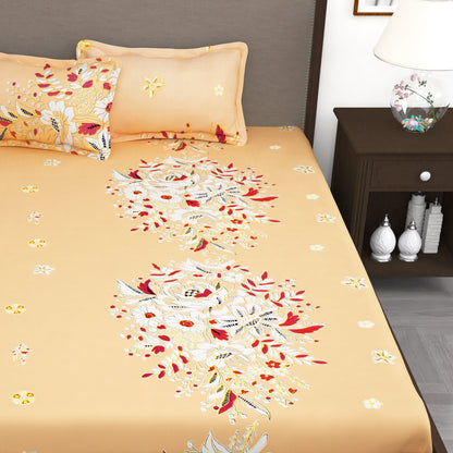 210 TC Light Orange Floral 1 King Size Bedsheet With 2 Pillow Cover