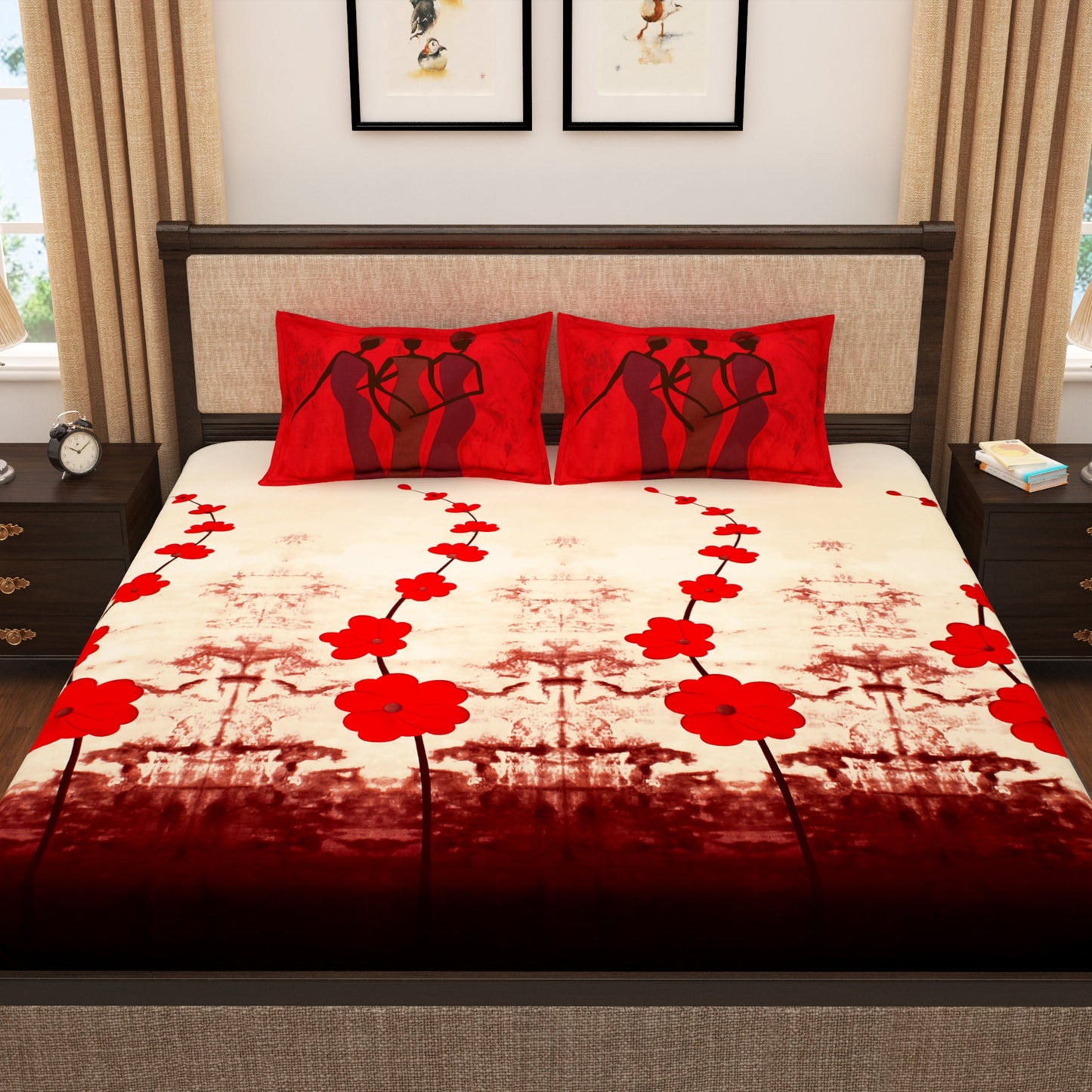 Pure Cotton Cream and Red  300 TC  Tevel King Size Bedsheet