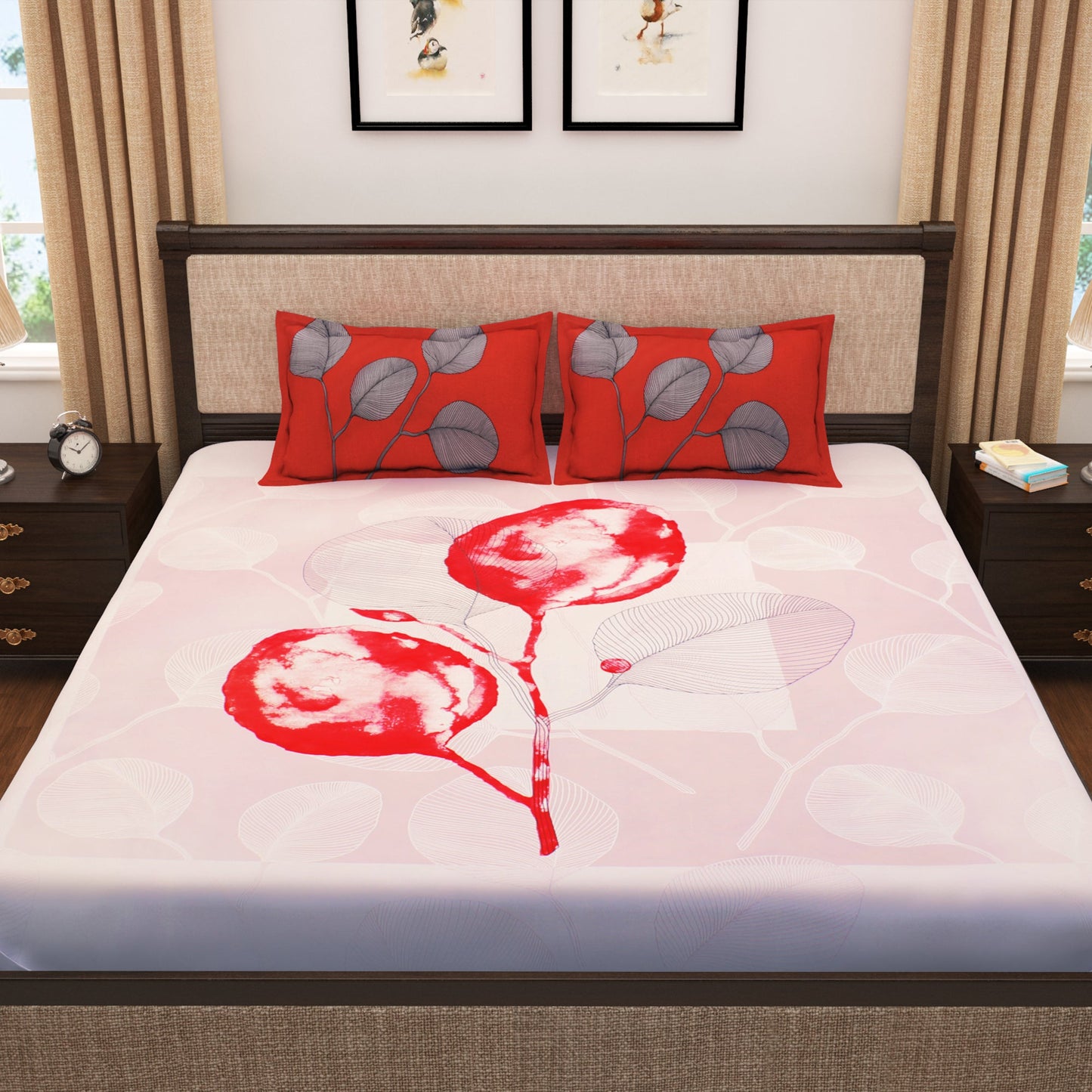 Pure Cotton White & Red Leaf Tevel King Size Bedsheet