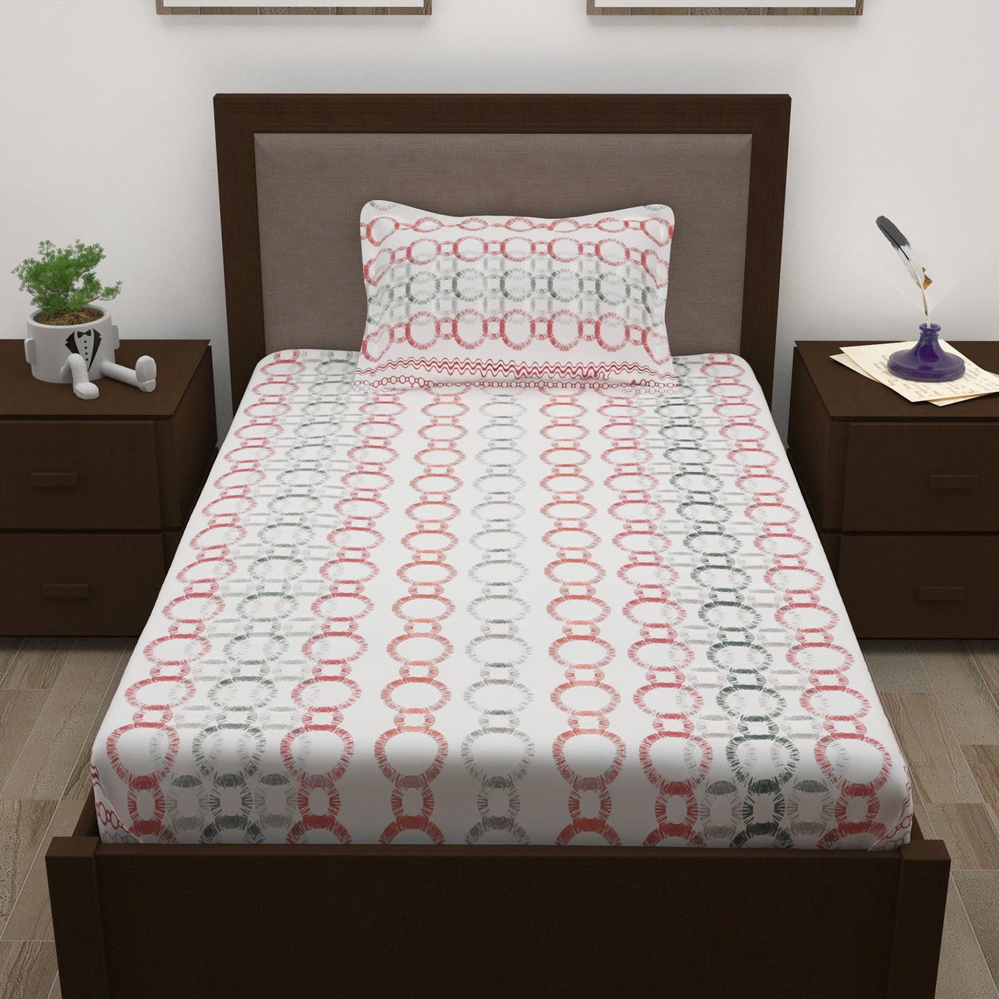 Sparkle 144 TC 100% Cotton White & Red Single Bedsheet Combo | Set of 2 |