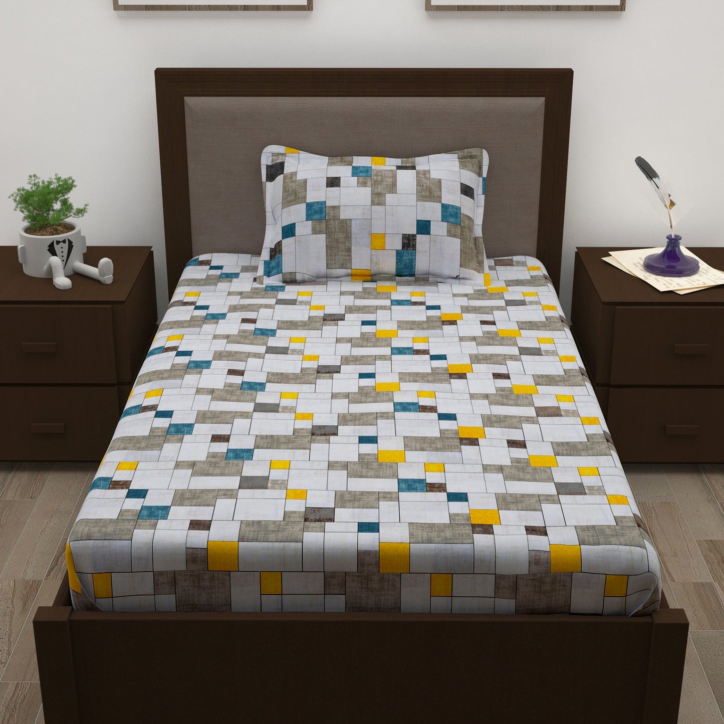 Sparkle 144 TC 100% Cotton White & Yellow Single Bedsheet Combo | Set of 2 |