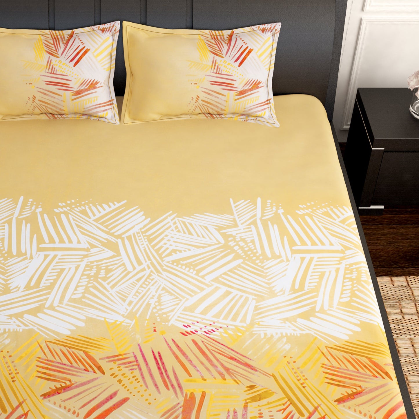 PAVO Tranquil Luxurious Light Yellow Watercolor Art King Size Bedsheet