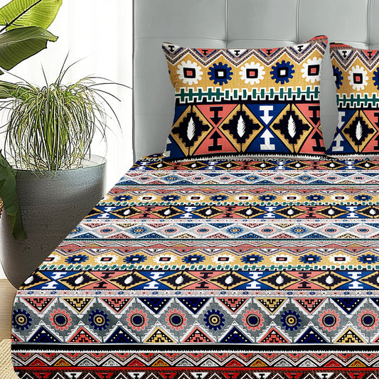 Boho Styled 240 TC Multicolor Geometric Double Size Bedsheet With 2 Pillow Covers