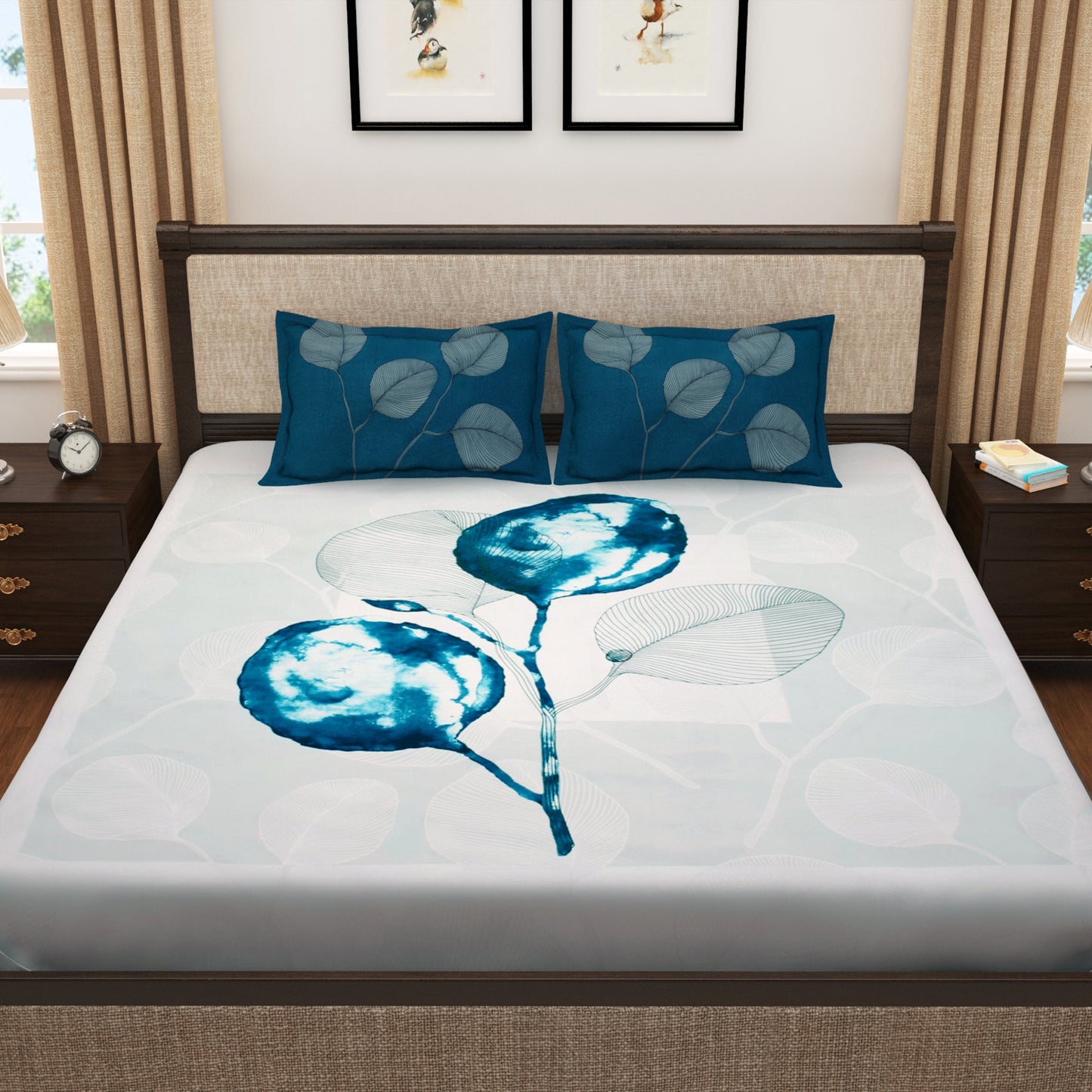 Pure Cotton Blue 300 TC Tevel King Size Bedsheet