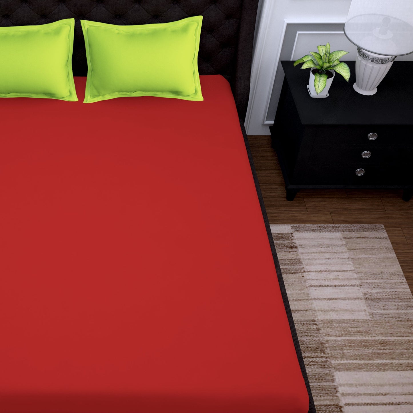 PAVO Tranquil Solid Luxurious King Bedsheet (Red and Neon Green)