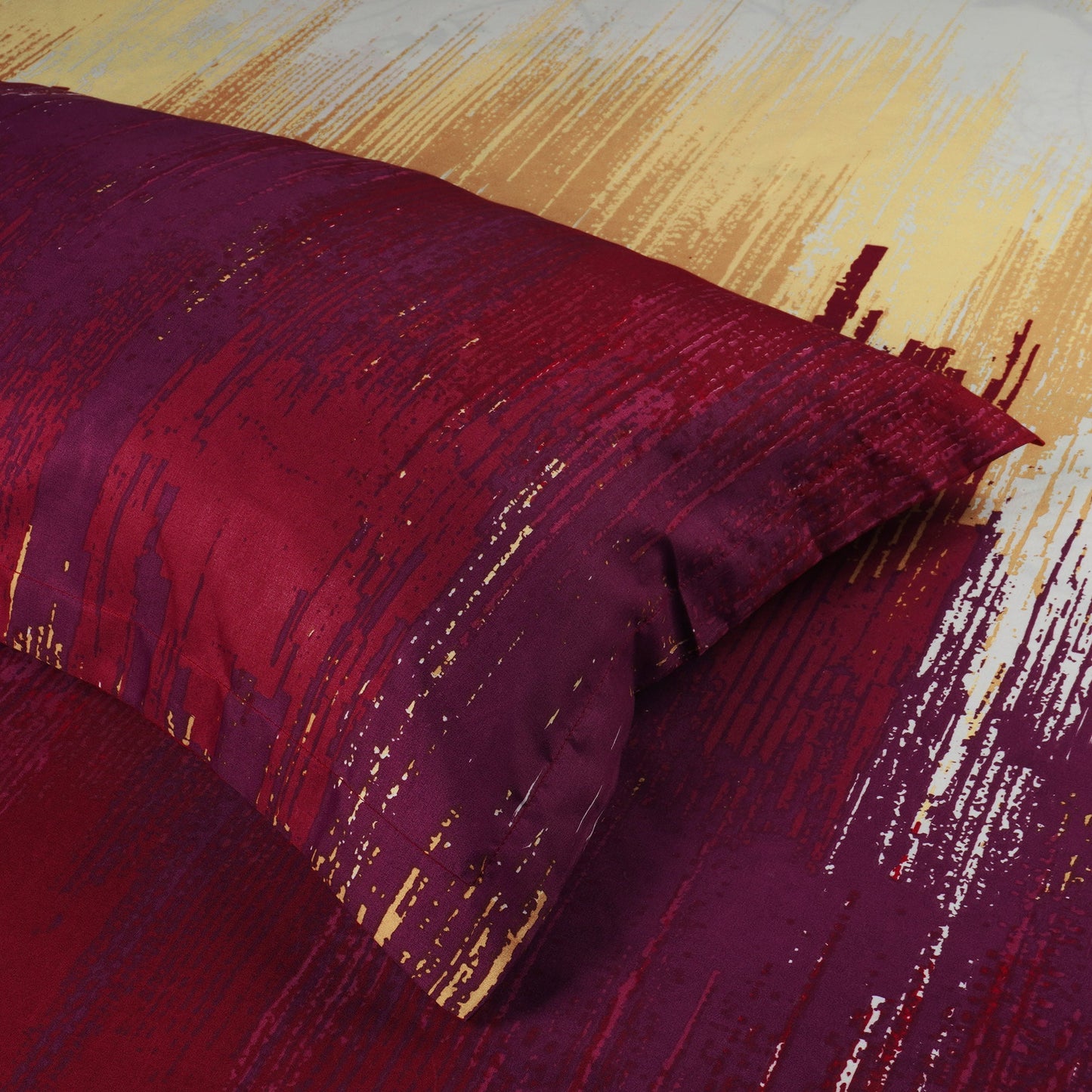 Boho Styled 240 TC Maroon & Yellow Abstract Double Size Bedsheet With 2 Pillow Covers