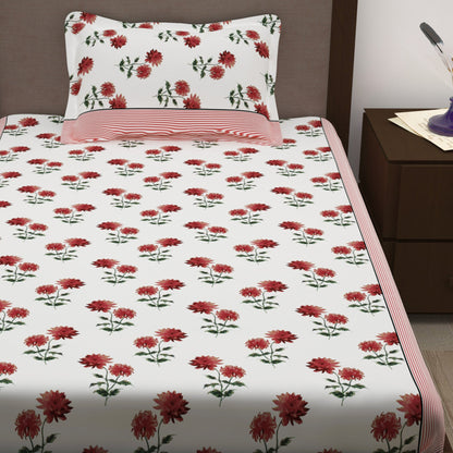 Sparkle 144 TC 100% Cotton White & Red Single Bedsheet Combo | Set of 2 |