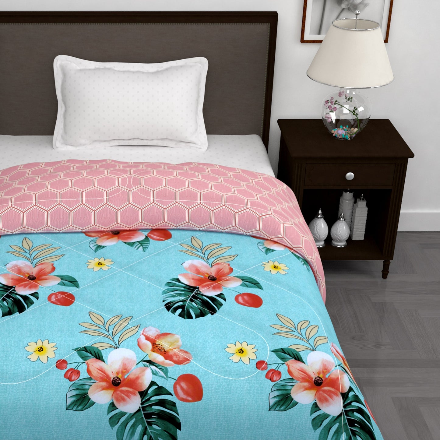 180 GSM Sky Blue Floral Microfiber Fusion Reversible Single Comforter