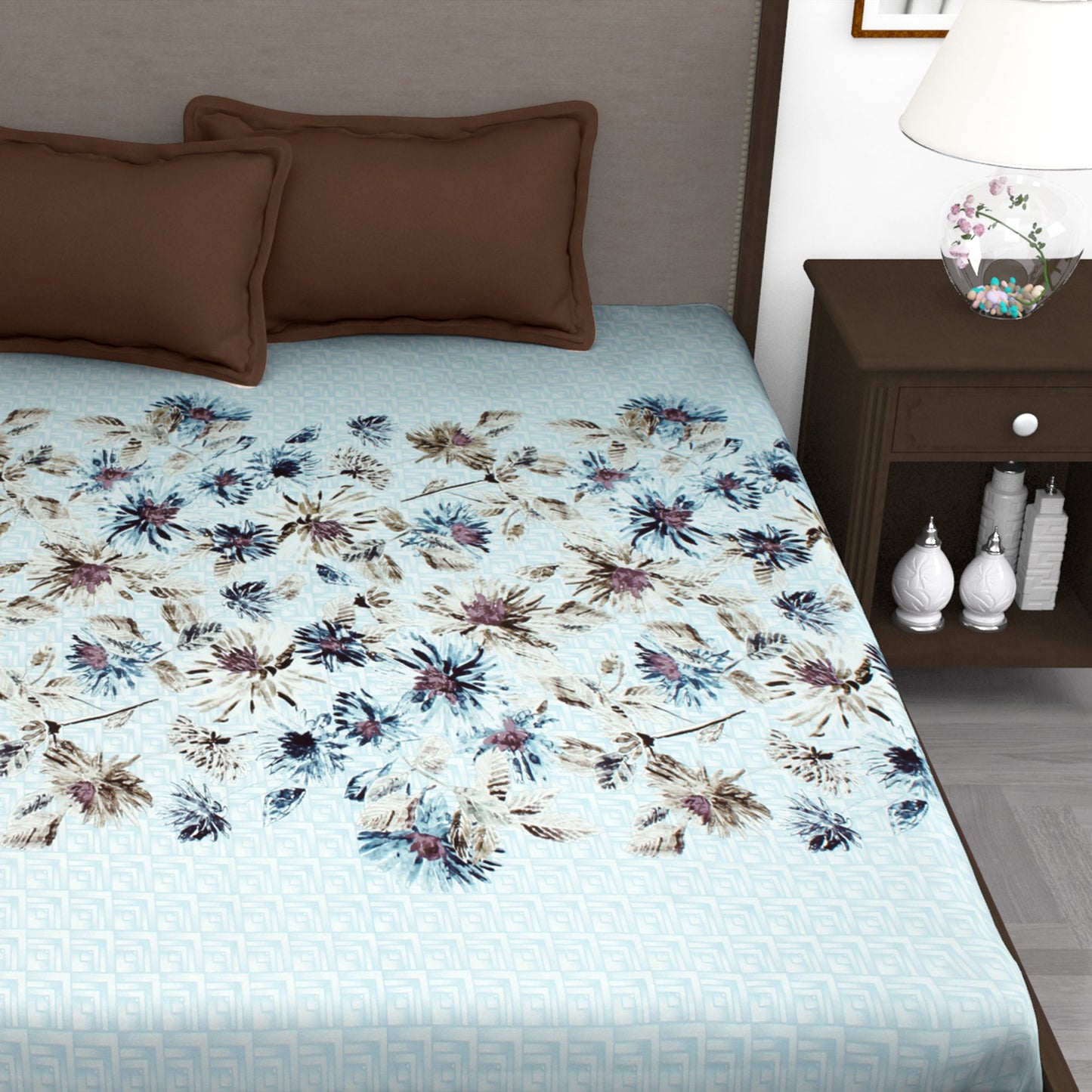 AVIATOR 210 TC Light Sky Blue Floral King Size Bedsheet