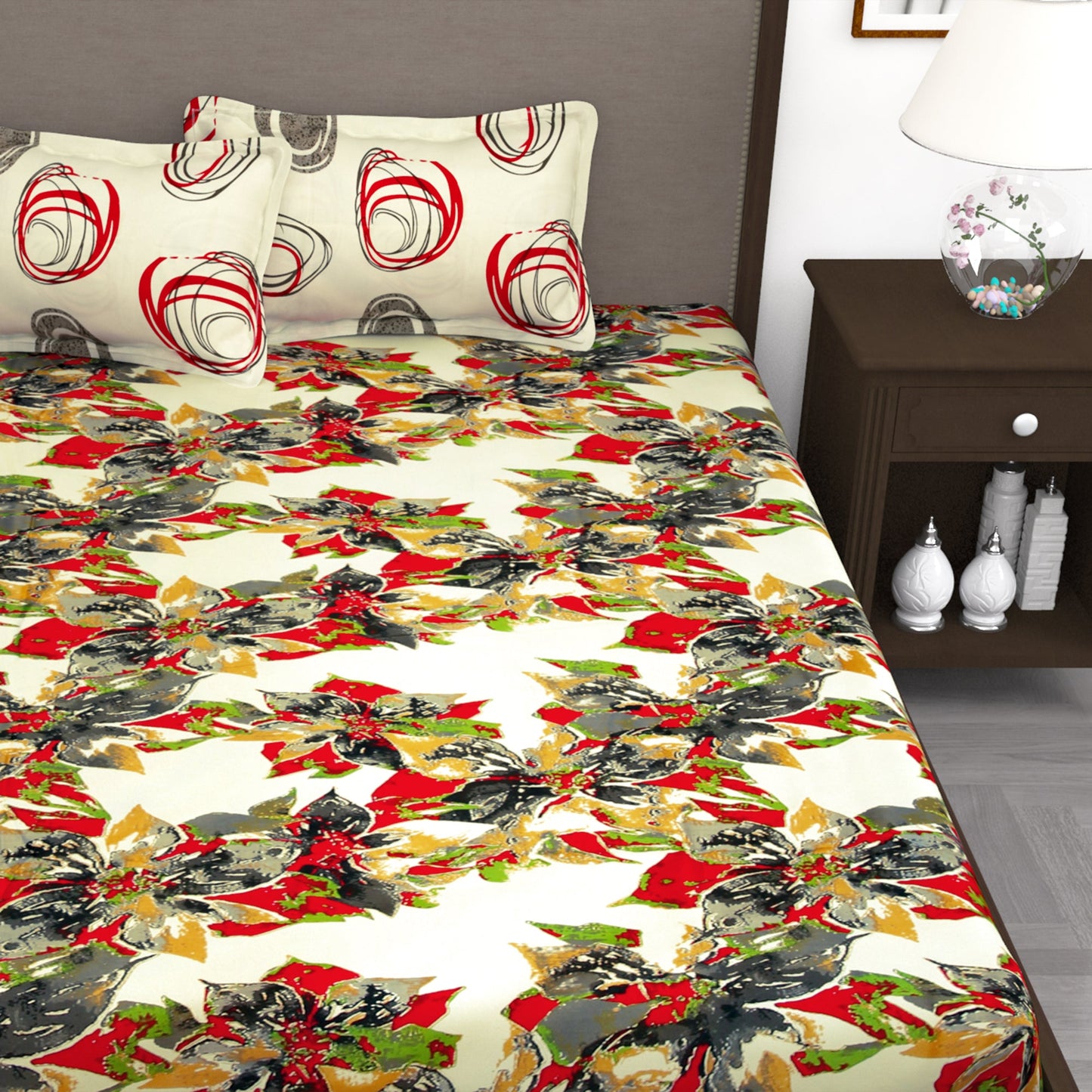 210 TC Valentine Red Floral Double King Bedsheet