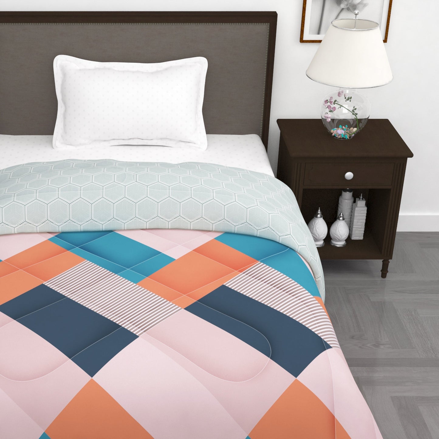 180 GSM Light Orange Abstract Microfiber Fusion Reversible Single Comforter