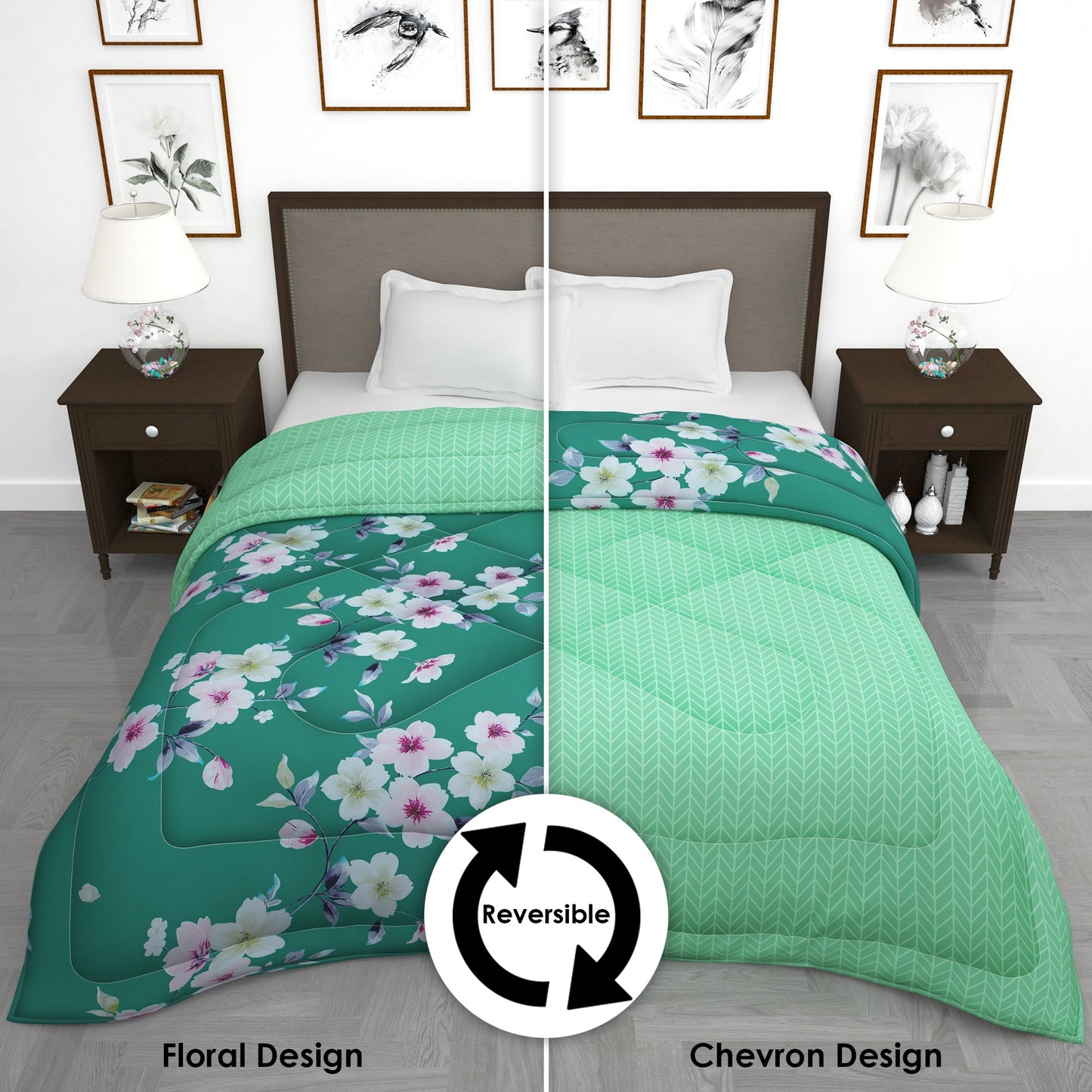 180 GSM Green Floral Microfiber Fusion Reversible Double Comforter