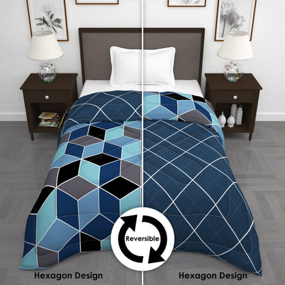 180 GSM Blue Hexagon Microfiber Fusion Reversible Single Comforter