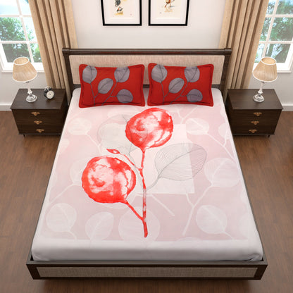 Pure Cotton White & Red Leaf Tevel King Size Bedsheet