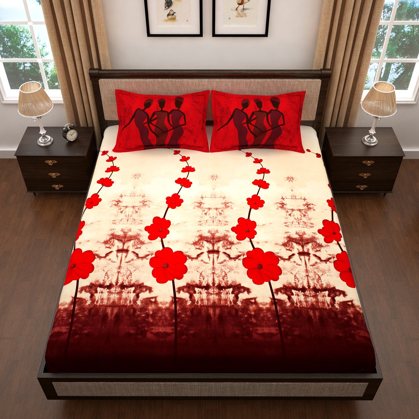 Pure Cotton Cream and Red  300 TC  Tevel King Size Bedsheet