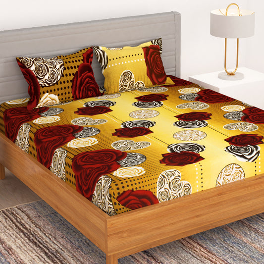 Bedspun - Double Bedsheets with 150 TC, Double - Queen Size Bedsheet & 2 Pillow Covers, Floral Pattern, Mustard