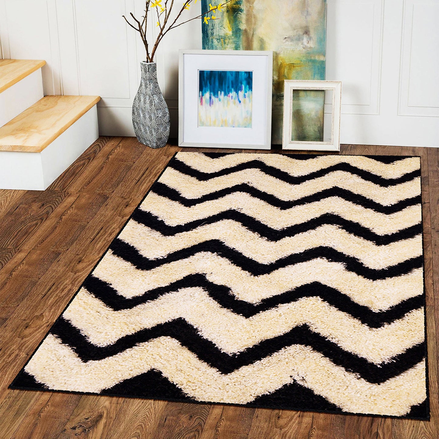 Geometric Pattern Black & Cream Carpet for Living Room & Bedroom