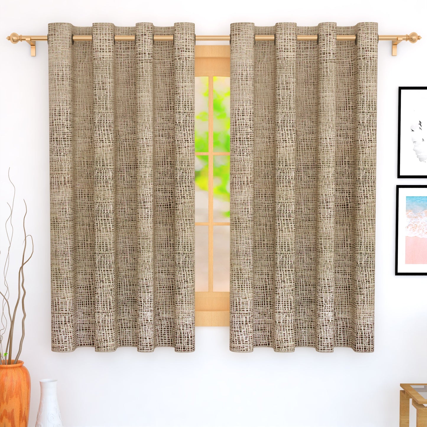 2 Pcs Brown Bloom Jacquard Room Darkening Door/Window Curtains