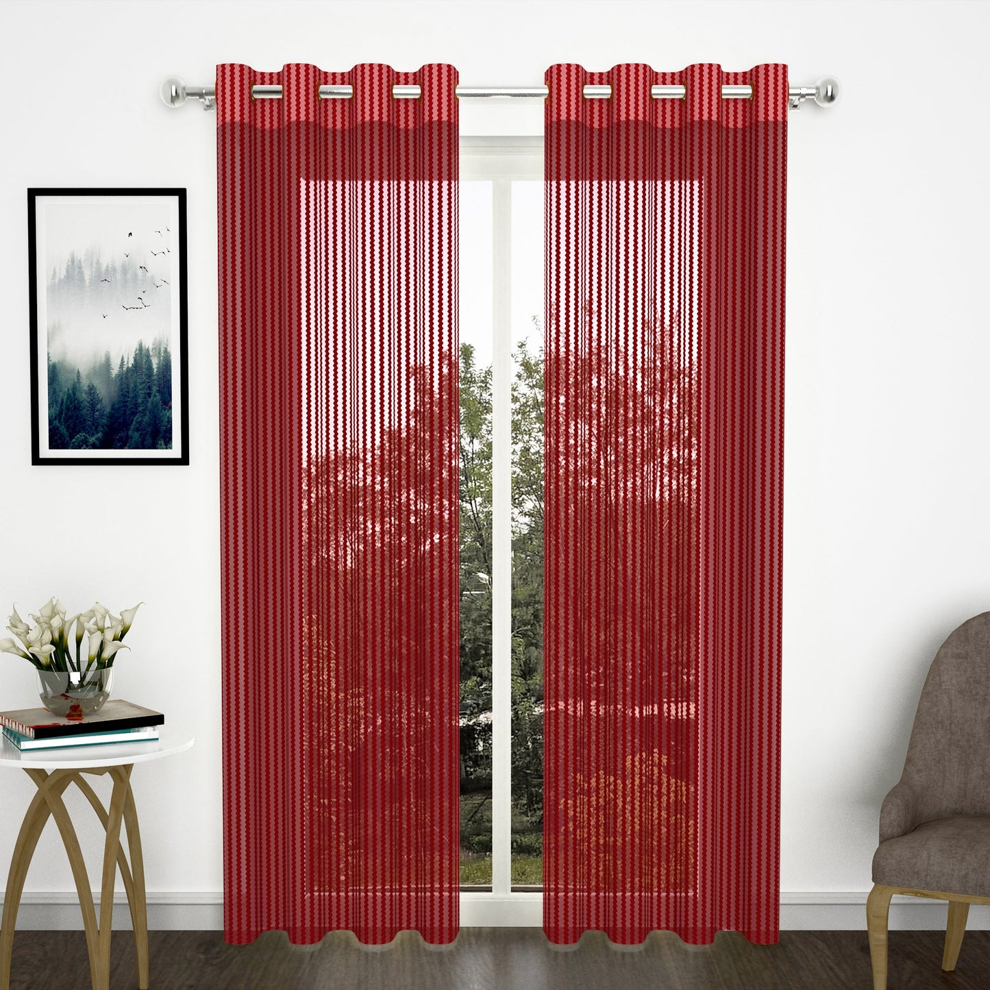 2 Pcs Maroon Sheer Net Polyester Window/Door Curtains