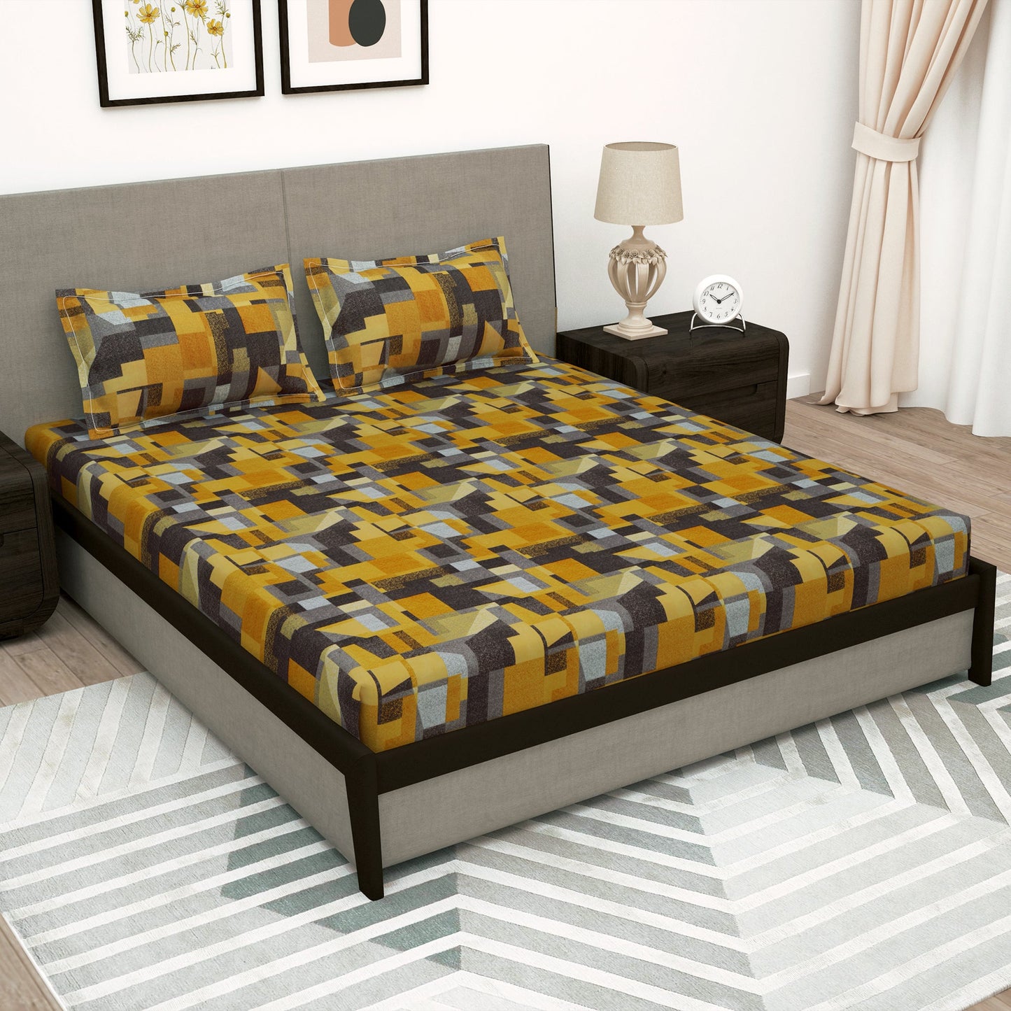 Arena 180 TC Mustard Double Size Bedsheet With 2 Pillow Cover