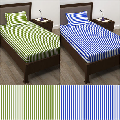 Story@Home 208 TC 100% Cotton Blue & Green 2 Single Bedsheet Combo with 2 Pillow Covers