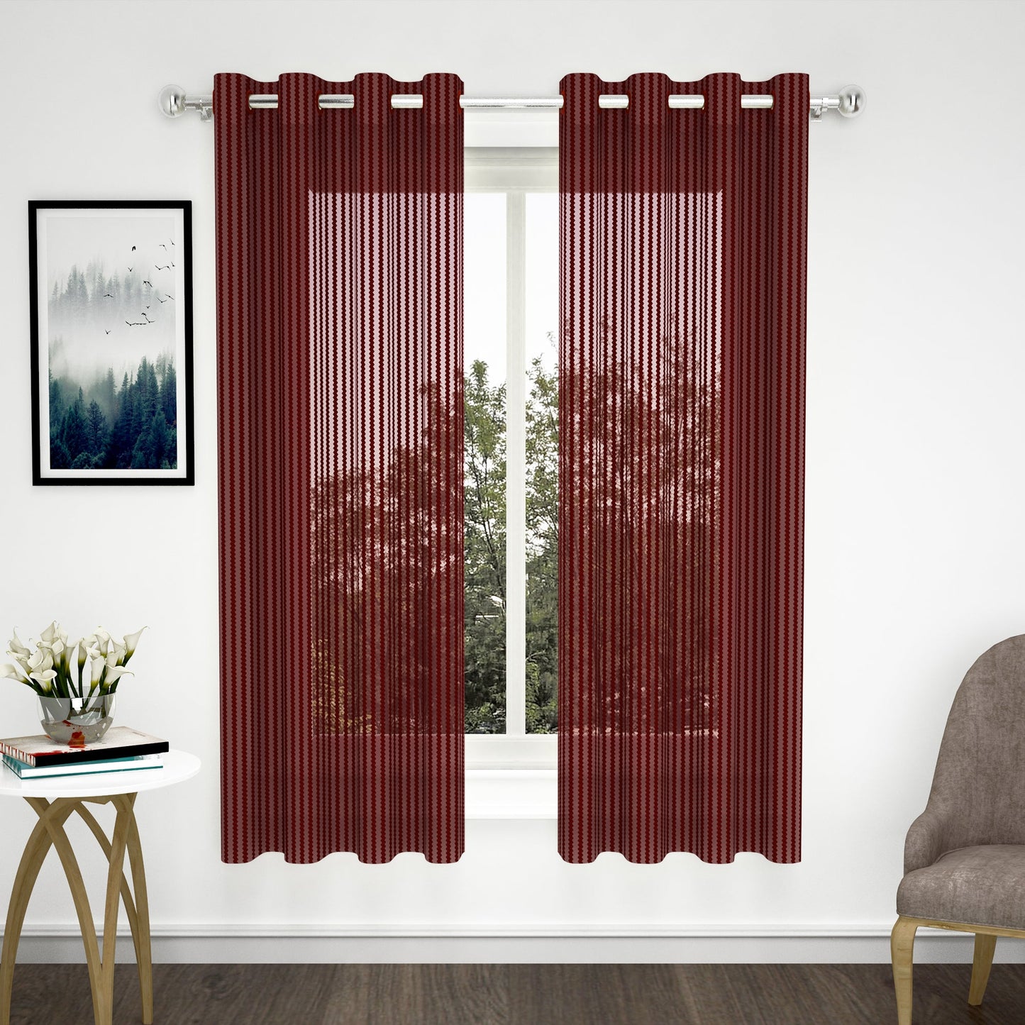 2 Pcs Maroon Sheer Net Polyester Window/Door Curtains