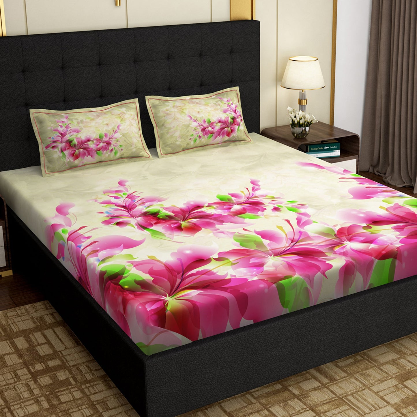 PAVO MOLLIS HOMES SUPER KING SIZE BEDSHEET - Floral, Grey and Pink