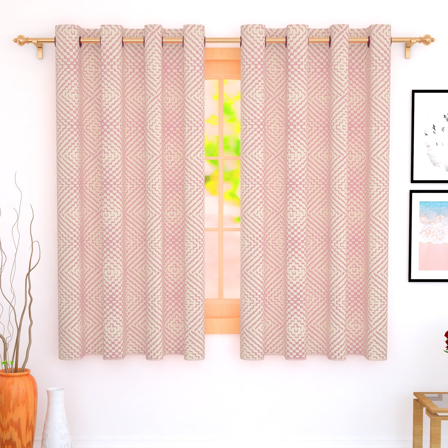 2 Pcs Pink Bloom Jacquard Room Darkening Door/Window Curtains