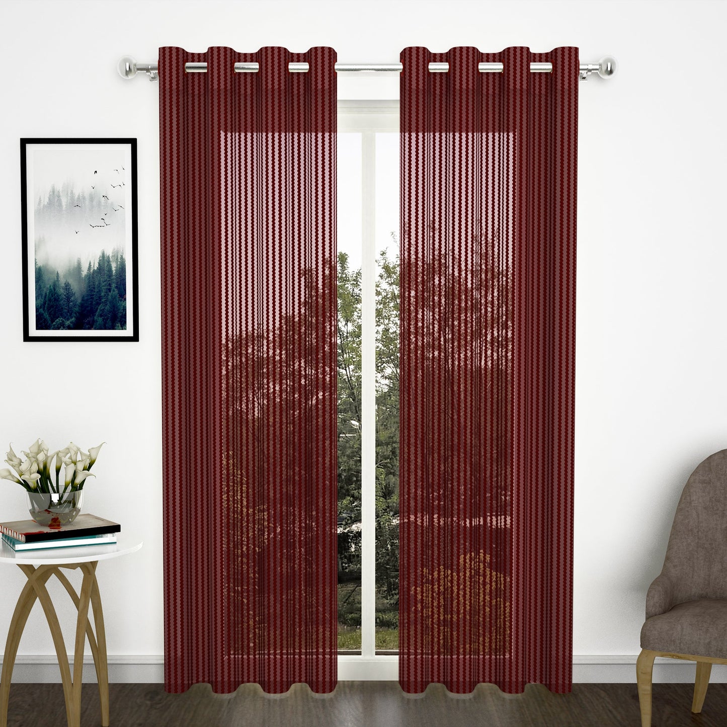 2 Pcs Maroon Sheer Net Polyester Window/Door Curtains