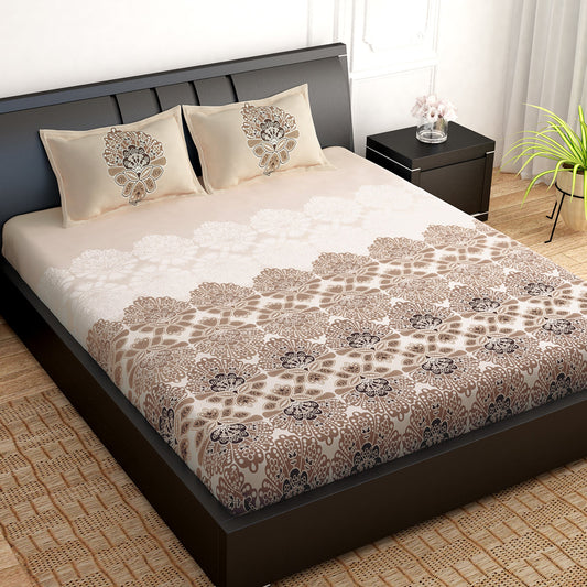 PAVO Tranquil Luxurious Cream & Brown Floral King Size Bedsheet