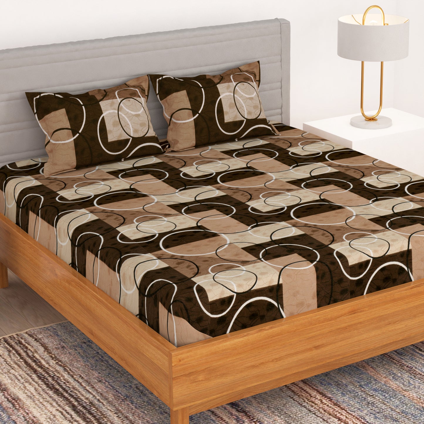 Bedspun - Microbiber Double Bedsheets with 150 TC, Double - Queen Size Bedsheet & 2 Pillow Covers, Geometric Pattern, Brown