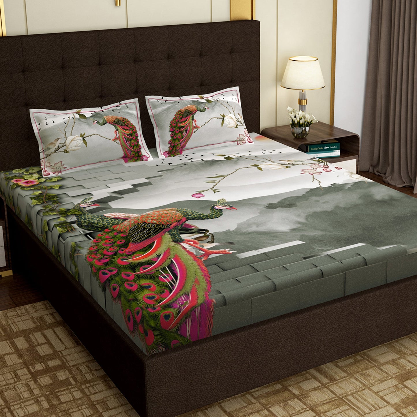 PAVO MOLLIS HOMES SUPER KING SIZE BEDSHEET - Peacock on Fence, Grey and Green