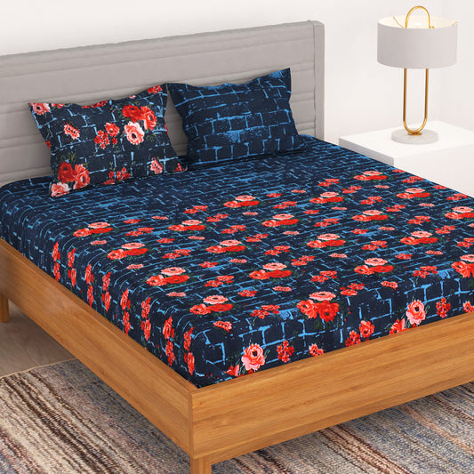 Bedspun - Microfiber Double Bedsheets with 150 TC, Double - Queen Size Bedsheet & 2 Pillow Covers (Floral, Navy Blue)