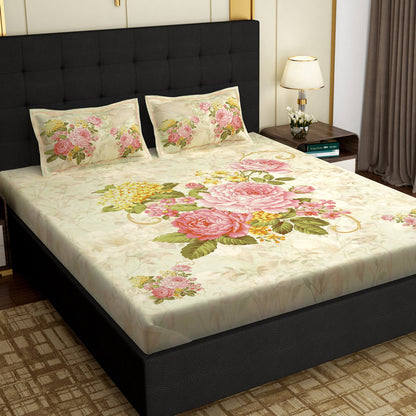 PAVO MOLLIS HOMES SUPER KING SIZE BEDSHEET - Floral ,White and Pink