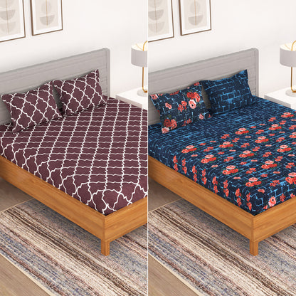 BEDSPUN Flora Collection Combo Pack of 2 Double Bedsheet with 4 Pillow Covers | 150 TC Soft Microfiber - Long Lasting and Wrinkle Free Polyester Fabric | 225x220 cm or 7.5x7.5 ft- (Navy Blue and Purple)