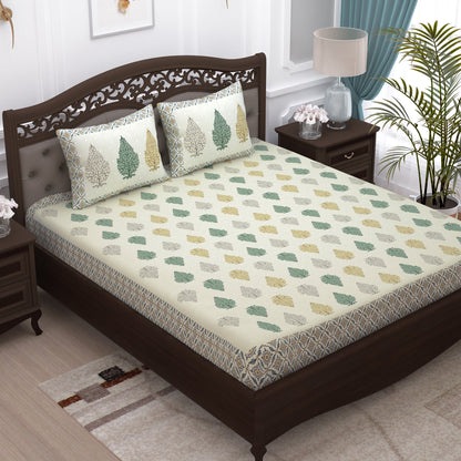 Pandora 152 TC 100 % Cotton Off White Leaf Double King Size Bedsheet