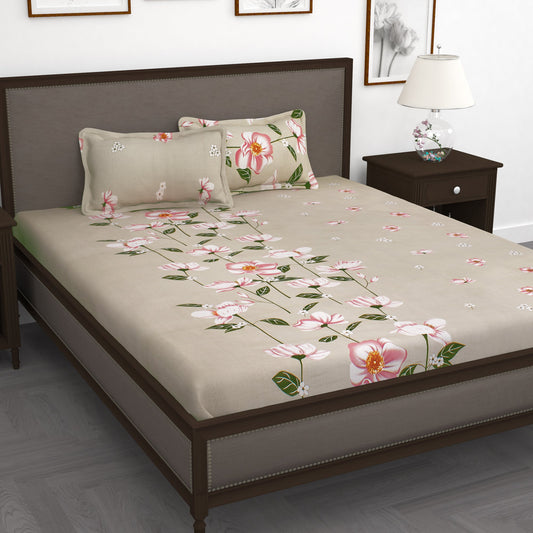 300 TC Cream Floral 1 King Size Bedsheet With 2 Pillow Cover