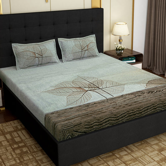 PAVO MOLLIS HOMES SUPER KING SIZE BEDSHEET - Leaf Art, Brown and Grey