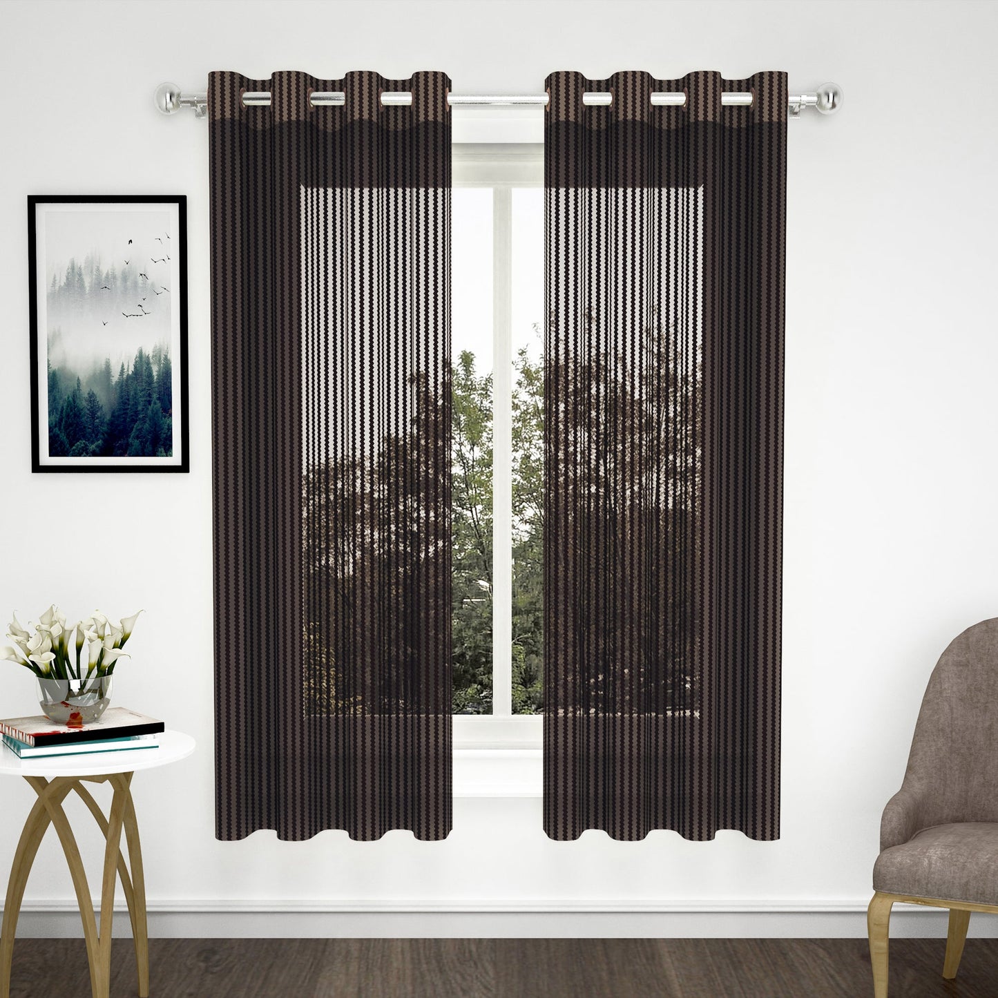 2 Pcs Coffee Brown Sheer Net Polyester Window/Door Curtains