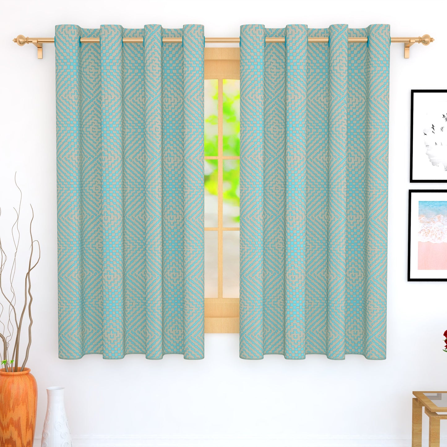 2 Pcs Blue Bloom Jacquard Room Darkening Door/Window Curtains