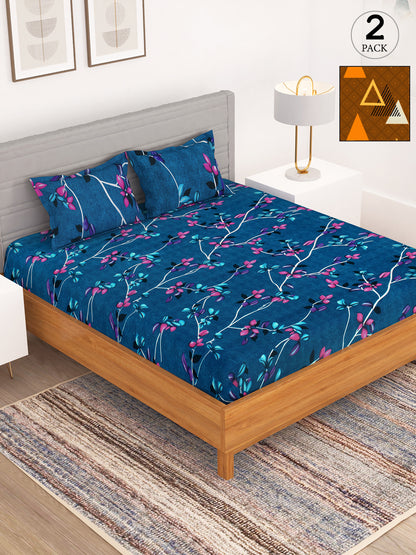 BEDSPUN Flora Collection Combo Pack of 2 Double Bedsheet with 4 Pillow Covers | 150 TC Soft Microfiber - Long Lasting and Wrinkle Free Polyester Fabric | 225x220 cm or 7.5x7.5 ft- (Orange and Dark Blue)